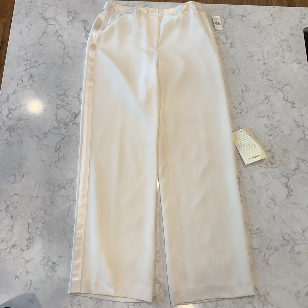 NWT Bloomingdale's Wide Leg Silk Satin Pants Ivory White Tuxedo Stripe 8 Tall